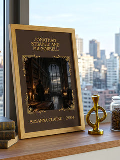 Jonathan Strange and Mr Norrell Classic Book Art Print by S. Clarke – framed print on a city-view windowsill