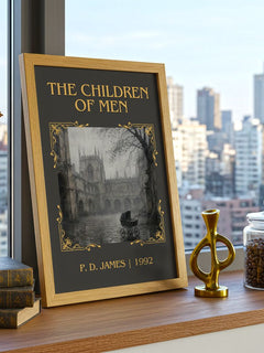 The Children of Men Classic Book Art Print by P. D. James – framed print on a city-view windowsill