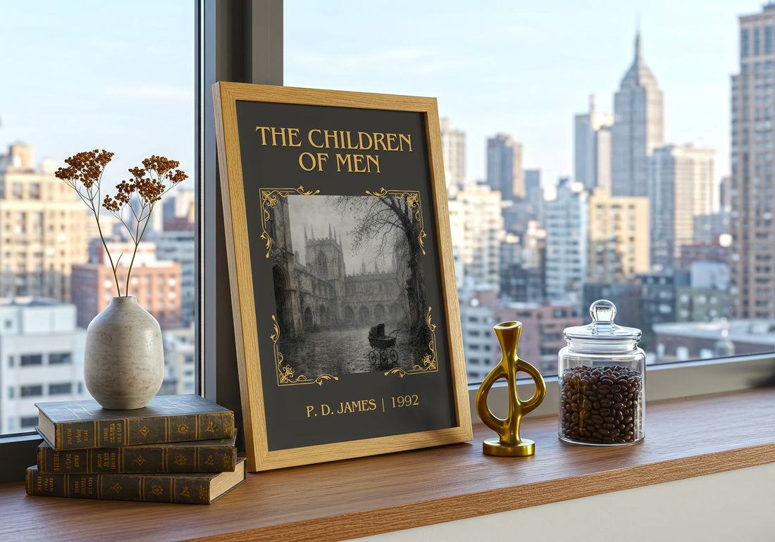 The Children of Men Classic Book Art Print by P. D. James – framed print on a city-view windowsill