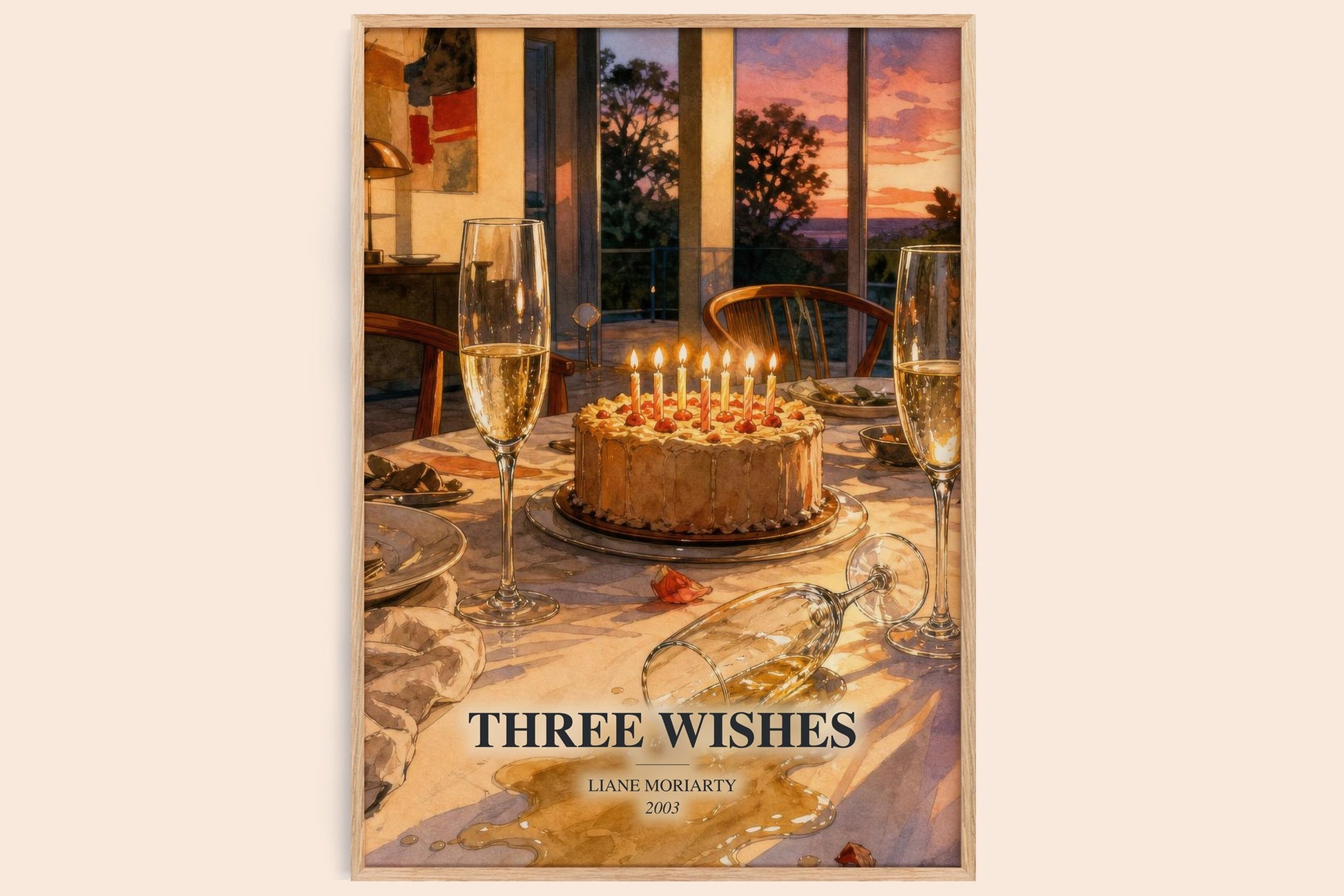 Three Wishes watercolour book poster by Liane Moriarty – framed literary art print