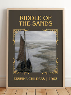 Riddle of the Sands Classic Book Art Print by Erskine Childers – framed print leaning on a wooden floor