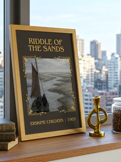 Riddle of the Sands Classic Book Art Print by Erskine Childers – framed print on a city-view windowsill
