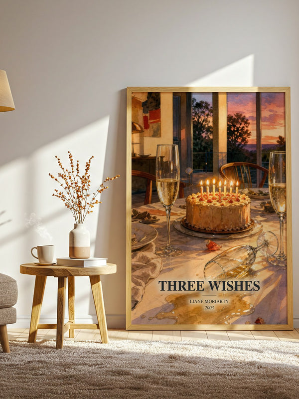 Three Wishes watercolour print in frame leaning in hallway – contemporary fiction wall art