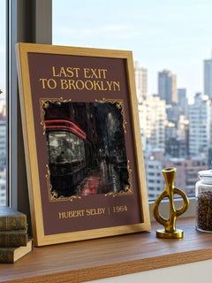 Last Exit to Brooklyn Classic Book Art Print by Hubert Selby – framed print on a city-view windowsill
