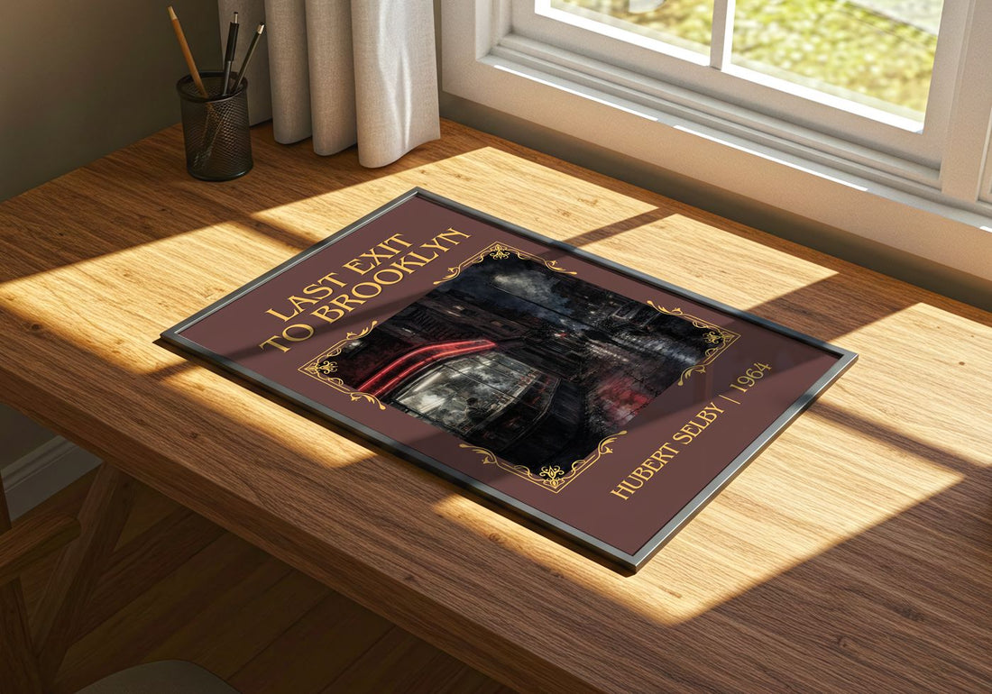 Last Exit to Brooklyn Classic Book Art Print by Hubert Selby – print on a sunlit desk