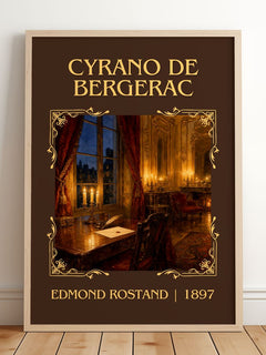 Cyrano de Bergerac Classic Book Art Print by Edmond Rostand – framed print leaning on a wooden floor