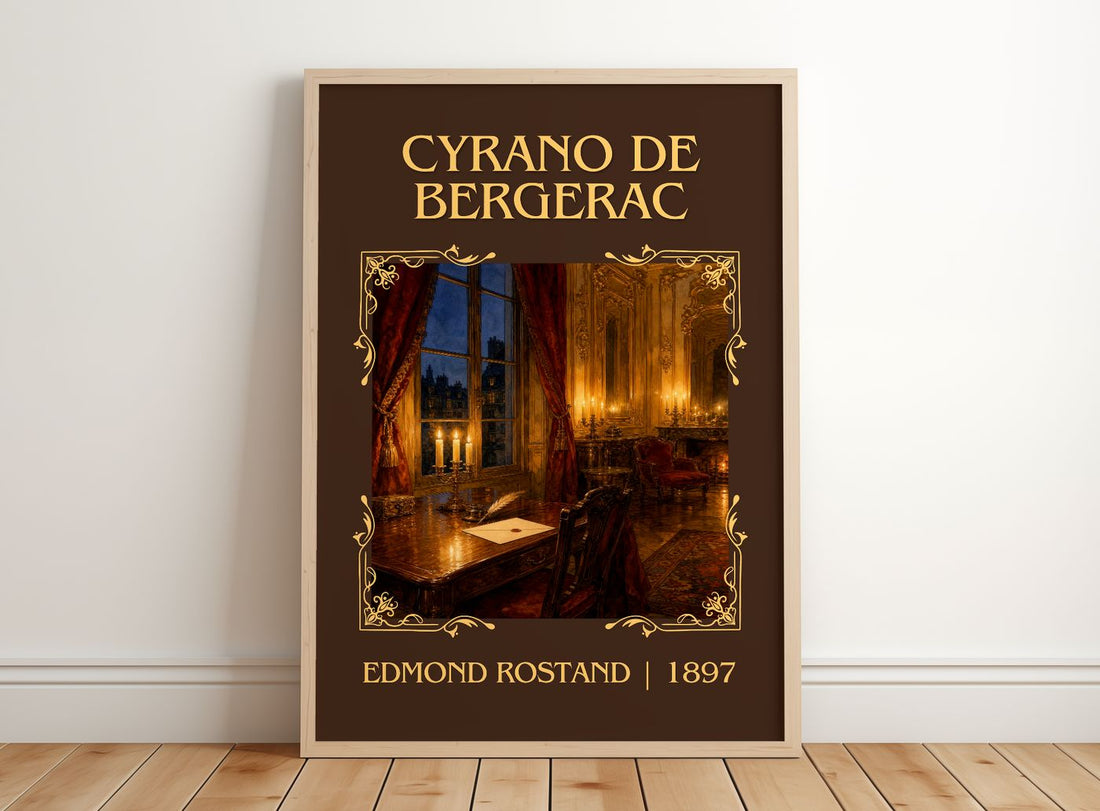 Cyrano de Bergerac Classic Book Art Print by Edmond Rostand – framed print leaning on a wooden floor