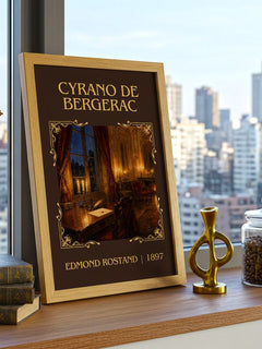 Cyrano de Bergerac Classic Book Art Print by Edmond Rostand – framed print on a city-view windowsill