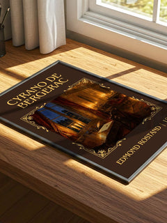 Cyrano de Bergerac Classic Book Art Print by Edmond Rostand – print on a sunlit desk