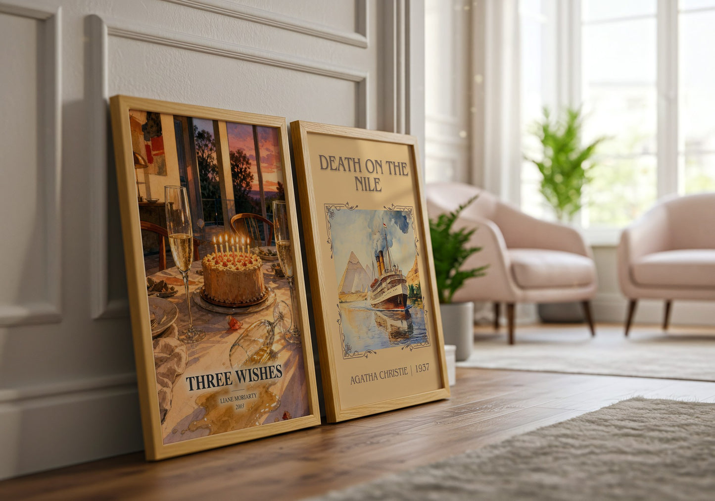 Three Wishes watercolour print framed by window – literary home decor