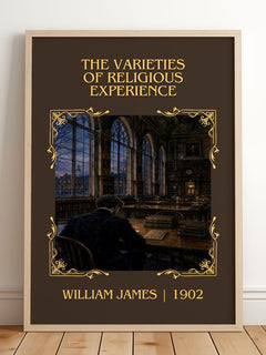 Varieties of Religious Experience Classic Book Art Print by W. James – framed print leaning on a wooden floor