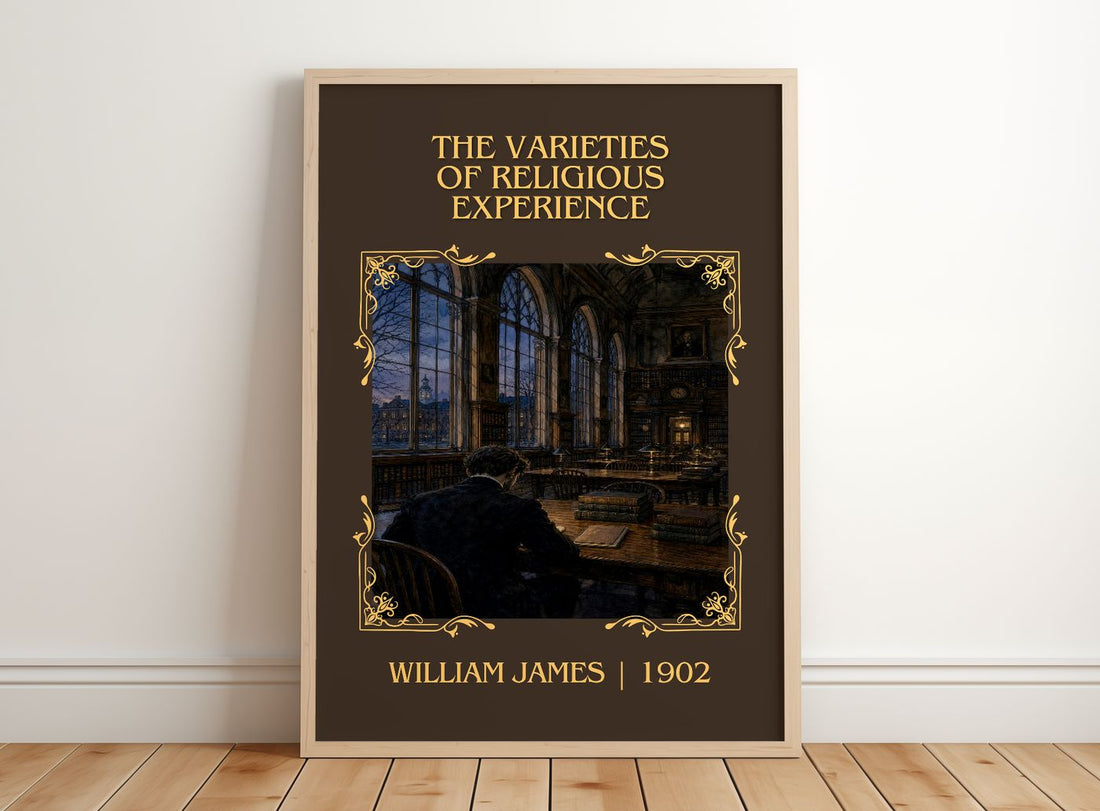 Varieties of Religious Experience Classic Book Art Print by W. James – framed print leaning on a wooden floor