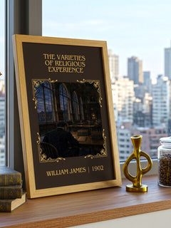 Varieties of Religious Experience Classic Book Art Print by W. James – framed print on a city-view windowsill