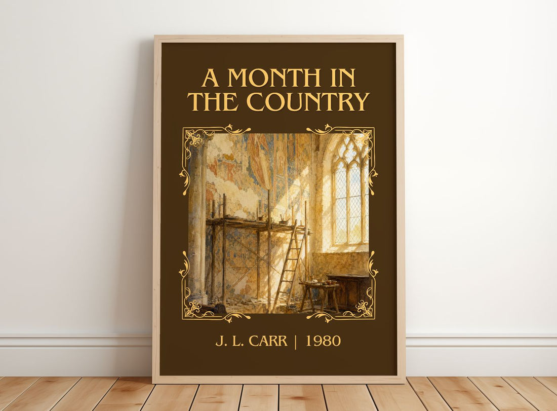 A Month In The Country Classic Book Art Print by J. L. Carr – framed print leaning on a wooden floor