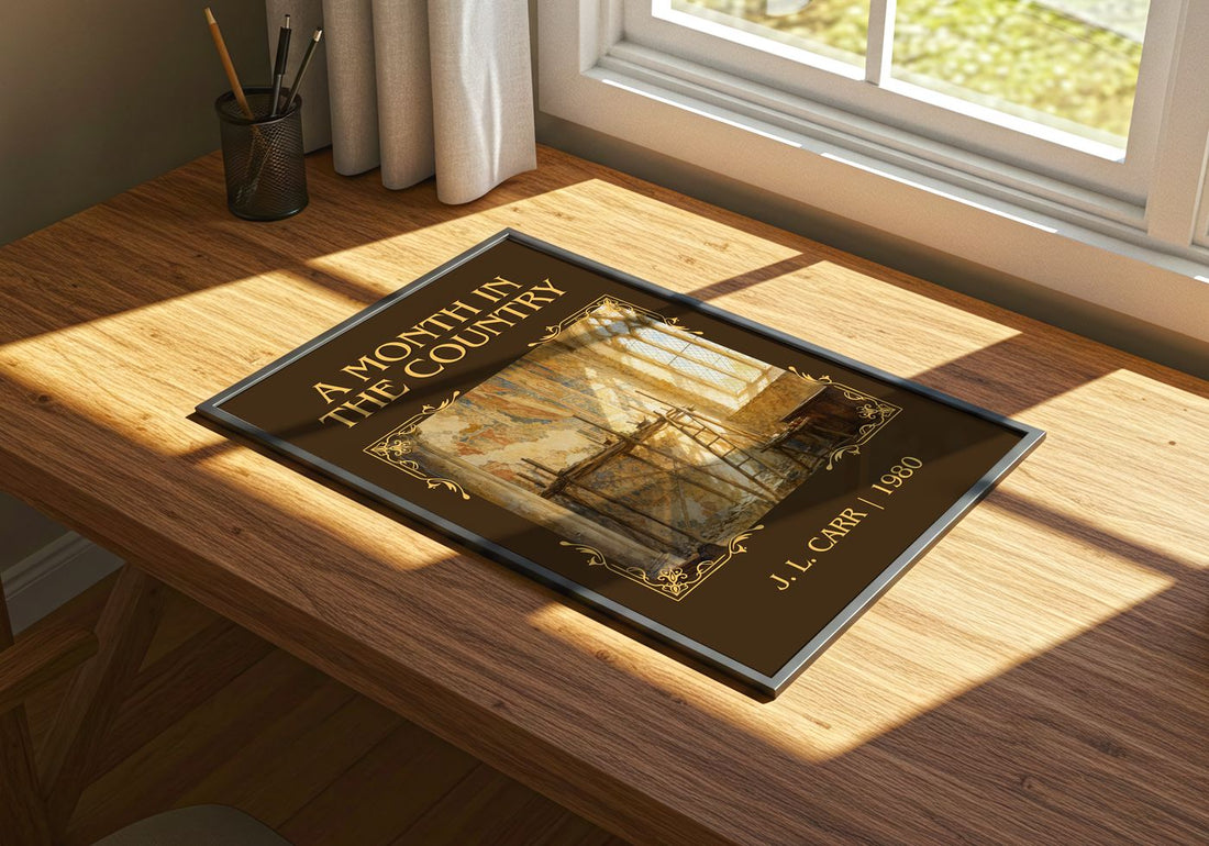 A Month In The Country Classic Book Art Print by J. L. Carr – print on a sunlit desk