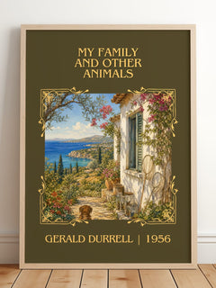 My Family And Other Animals Classic Book Art Print by Gerald Durrell – framed print leaning on a wooden floor