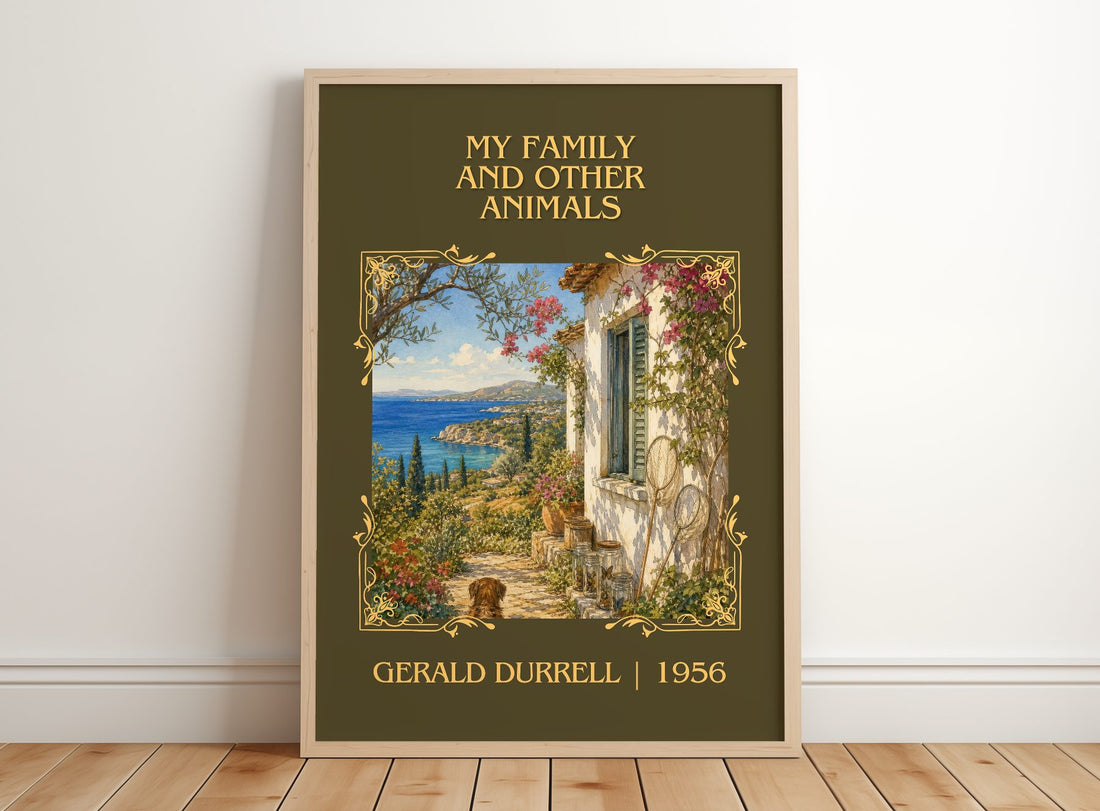 My Family And Other Animals Classic Book Art Print by Gerald Durrell – framed print leaning on a wooden floor