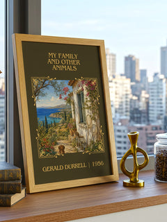My Family And Other Animals Classic Book Art Print by Gerald Durrell – framed print on a city-view windowsill