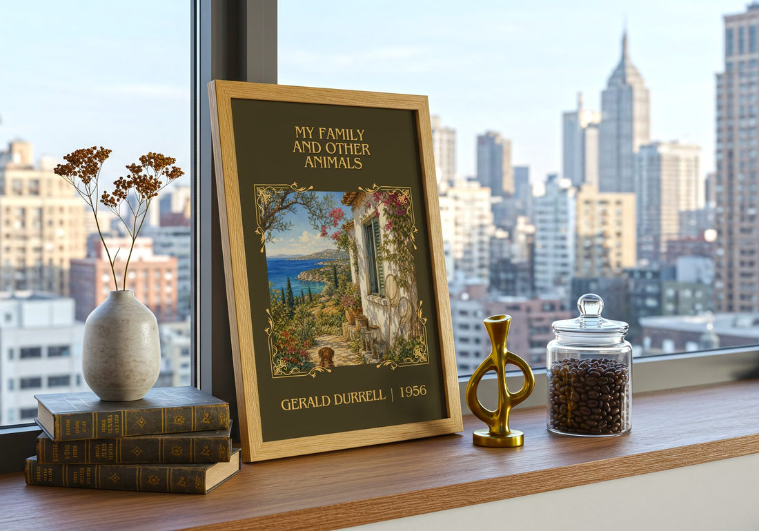 My Family And Other Animals Classic Book Art Print by Gerald Durrell – framed print on a city-view windowsill