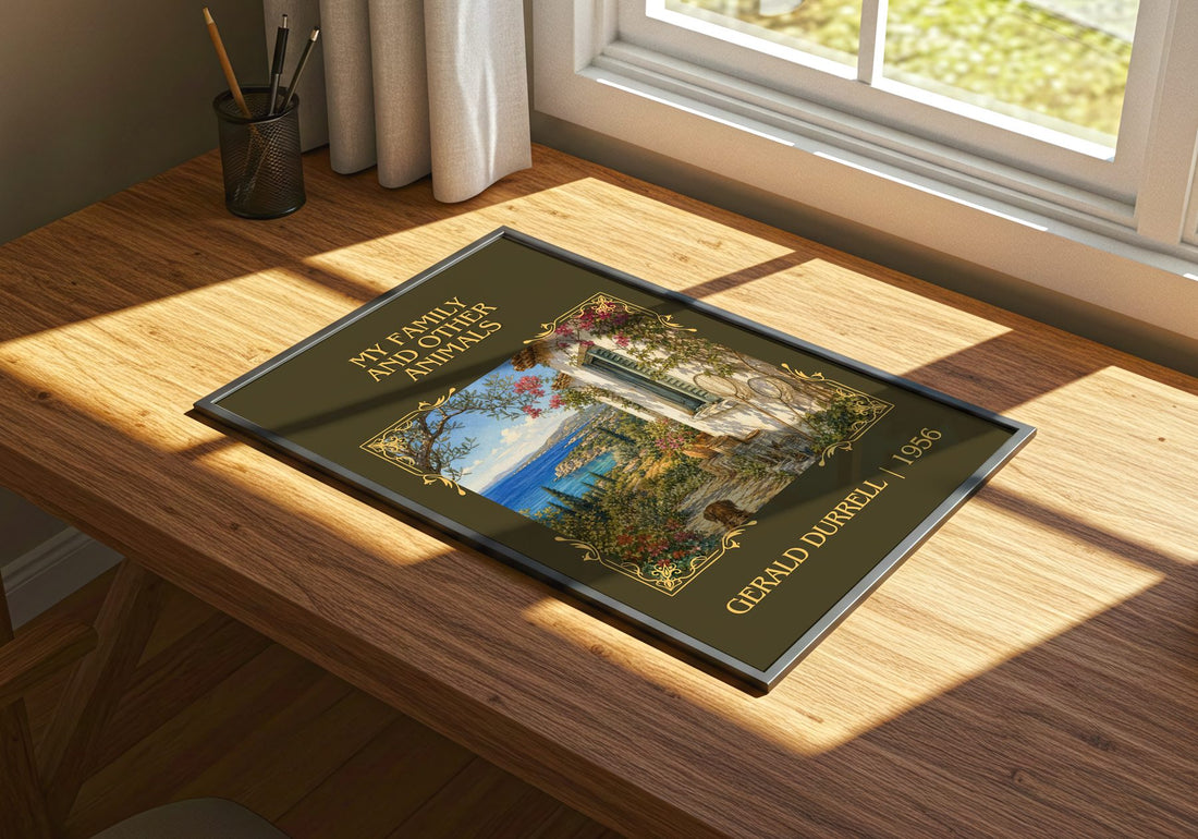 My Family And Other Animals Classic Book Art Print by Gerald Durrell – print on a sunlit desk