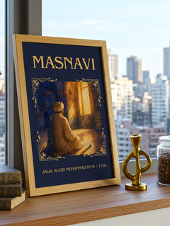 Masnavi Classic Book Art Print by Jalal al-Din Muhammad Rumi – framed print on a city-view windowsill
