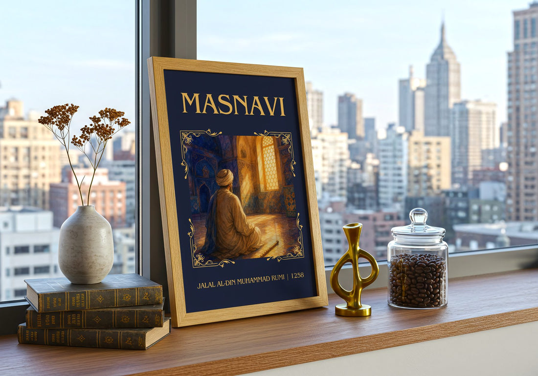 Masnavi Classic Book Art Print by Jalal al-Din Muhammad Rumi – framed print on a city-view windowsill