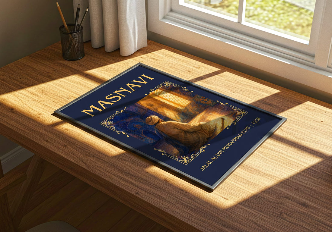 Masnavi Classic Book Art Print by Jalal al-Din Muhammad Rumi – print on a sunlit desk