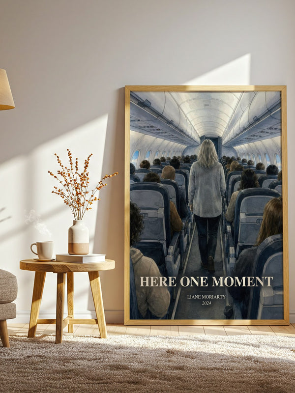 Here One Moment watercolour print in frame leaning in hallway – contemporary fiction wall art