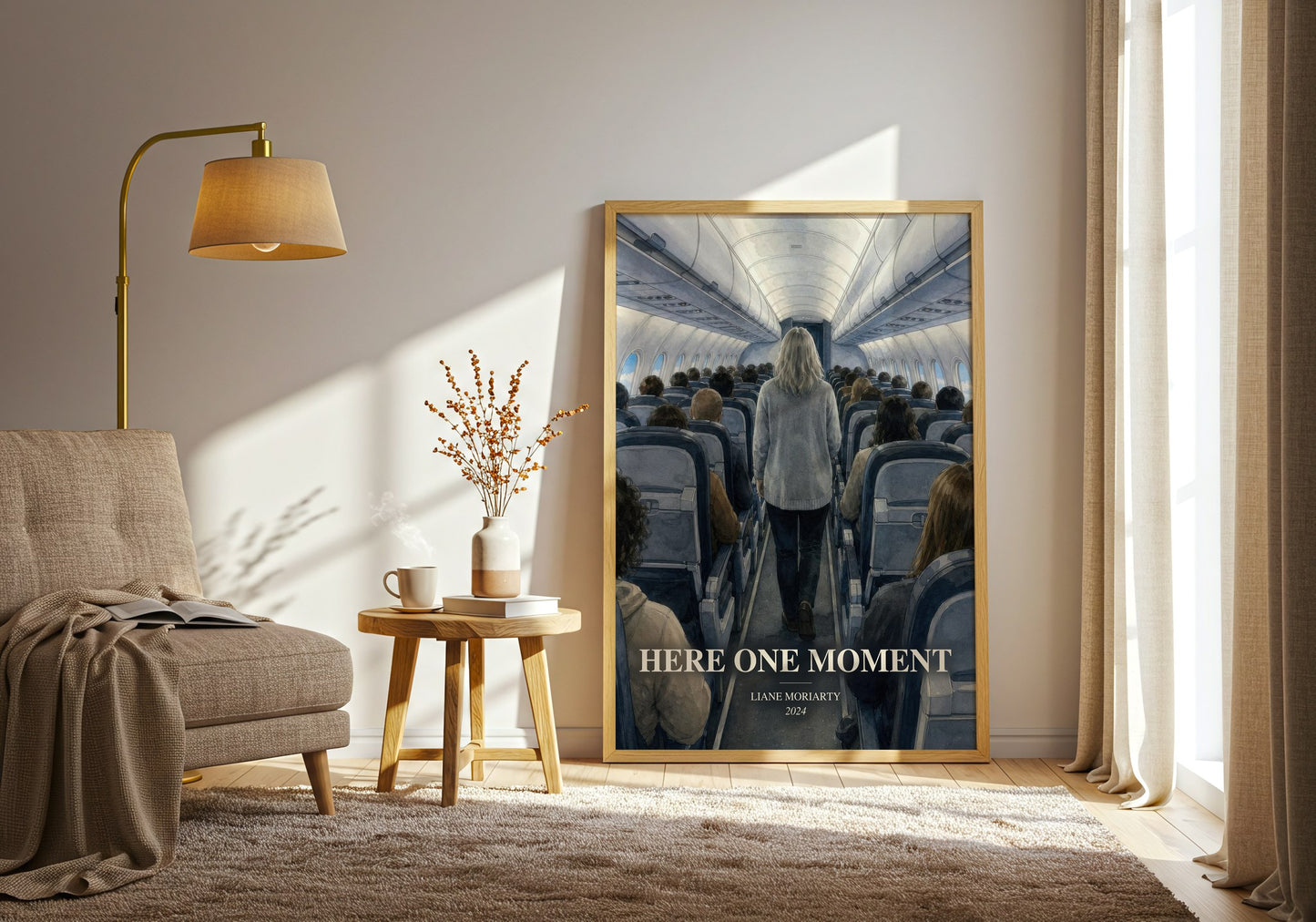 Here One Moment watercolour print in frame leaning in hallway – contemporary fiction wall art