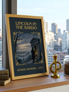 Lincoln in the Bardo Classic Book Art Print by George Saunders – framed print on a city-view windowsill
