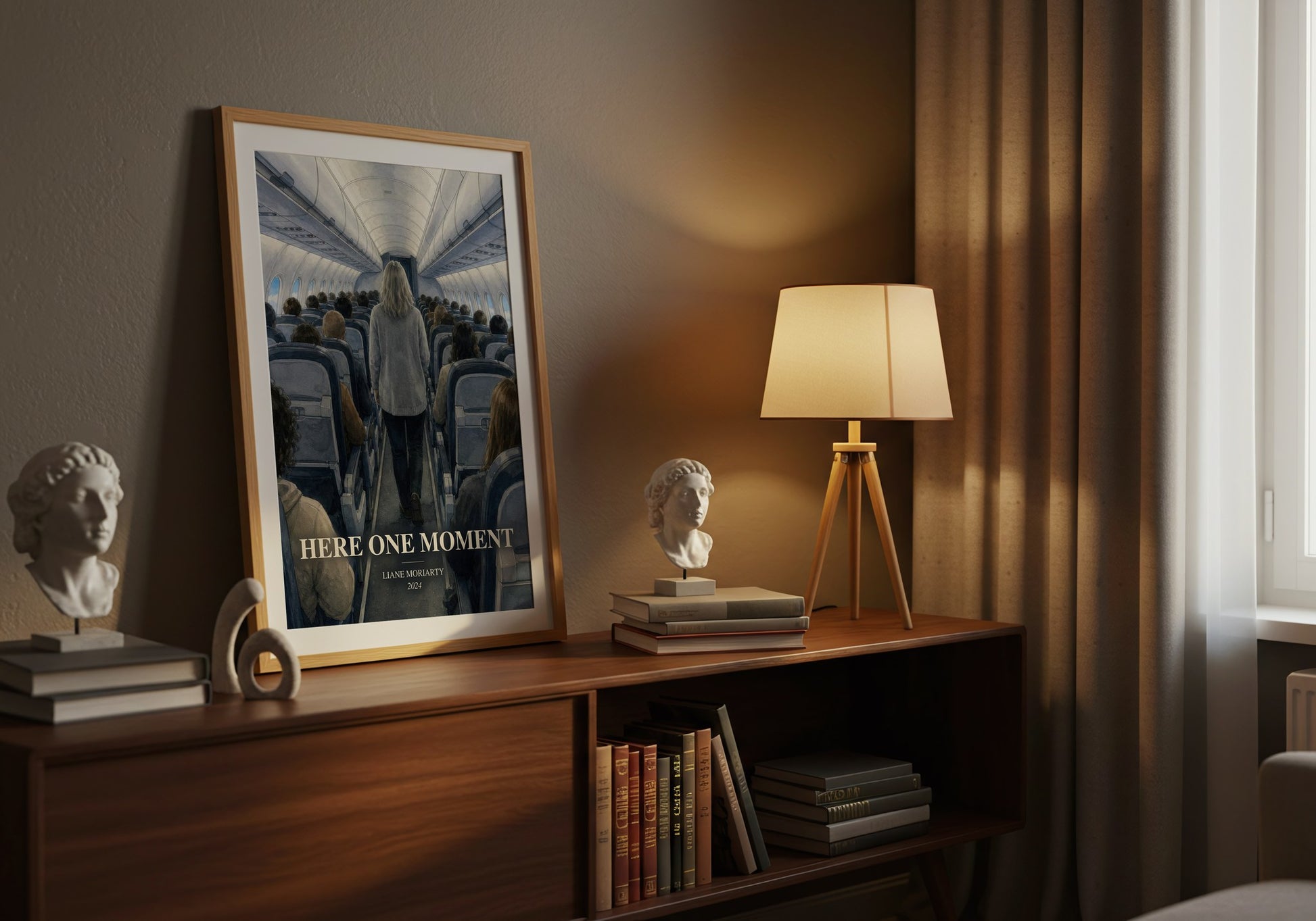 Here One Moment watercolour print on bookshelf – Liane Moriarty fan gift