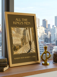 All the King's Men Classic Book Art Print by Robert Penn Warren – framed print on a city-view windowsill