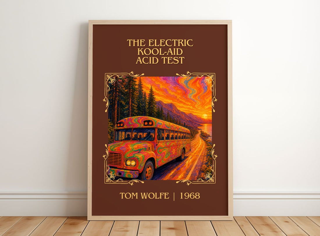 The Electric Kool-Aid Acid Test Classic Book Art Print by Tom Wolfe – framed print leaning on a wooden floor