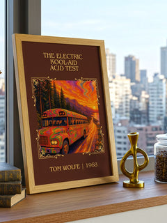 The Electric Kool-Aid Acid Test Classic Book Art Print by Tom Wolfe – framed print on a city-view windowsill