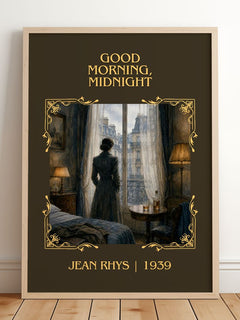 Good Morning, Midnight Classic Book Art Print by Jean Rhys – framed print leaning on a wooden floor