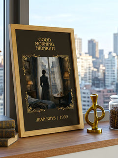 Good Morning, Midnight Classic Book Art Print by Jean Rhys – framed print on a city-view windowsill