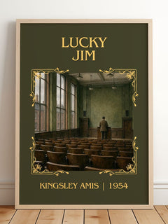 Lucky Jim Classic Book Art Print by Kingsley Amis – framed print leaning on a wooden floor