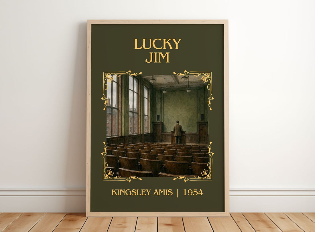 Lucky Jim Classic Book Art Print by Kingsley Amis – framed print leaning on a wooden floor