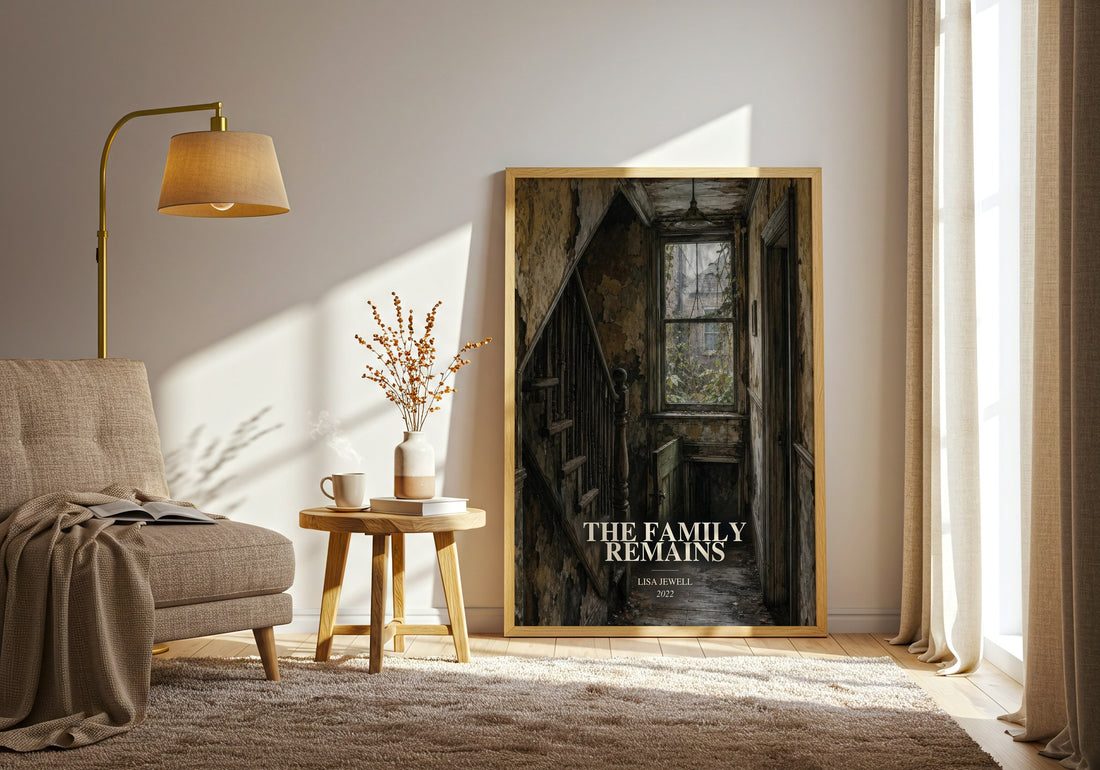 The Family Remains watercolour print in frame leaning in hallway – thriller wall art (mockup)