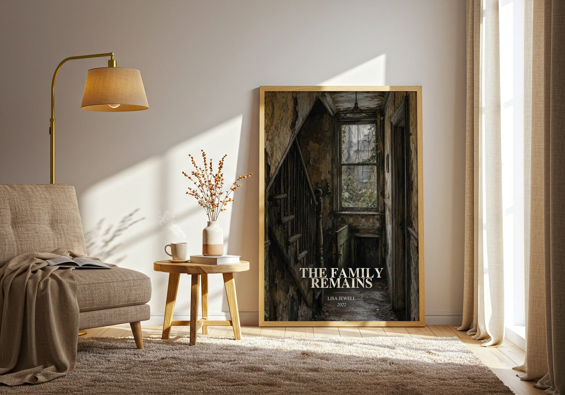 The Family Remains watercolour print in frame leaning in hallway – thriller wall art