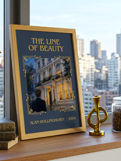 The Line of Beauty Classic Book Art Print by Alan Hollinghurst – framed print on a city-view windowsill
