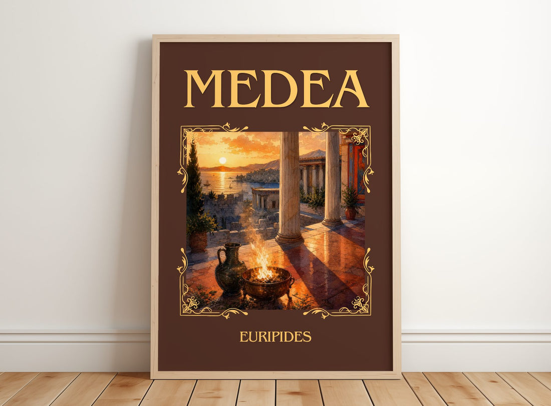 Medea Classic Book Art Print by Euripides – framed print leaning on a wooden floor