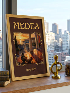 Medea Classic Book Art Print by Euripides – framed print on a city-view windowsill