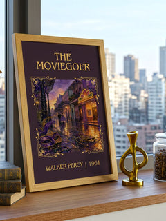 The Moviegoer Classic Book Art Print by Walker Percy – framed print on a city-view windowsill