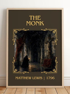 The Monk Classic Book Art Print by Matthew Lewis – framed print leaning on a wooden floor