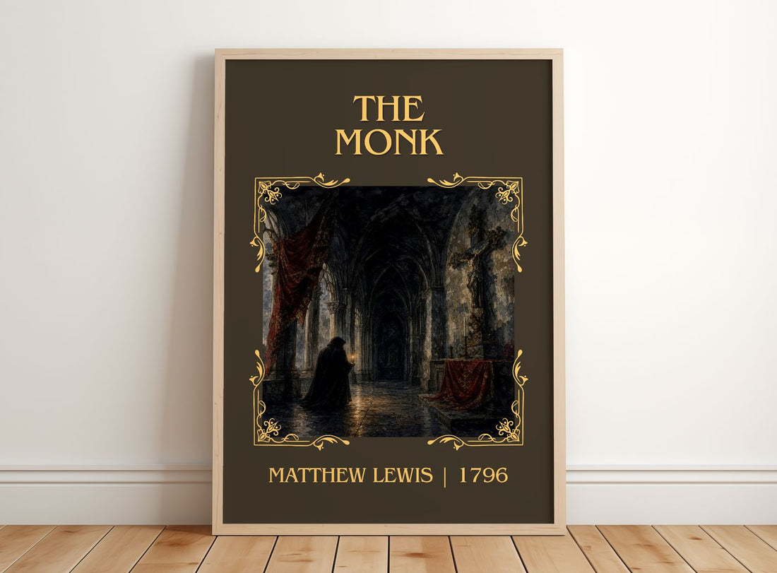 The Monk Classic Book Art Print by Matthew Lewis – framed print leaning on a wooden floor