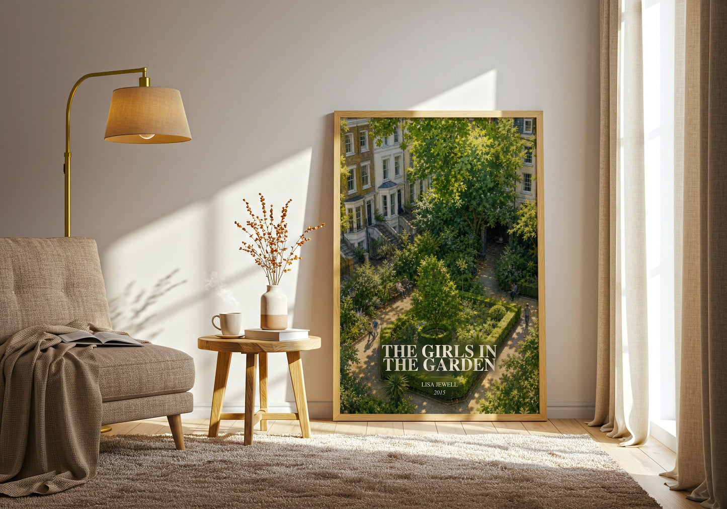 The Girls In The Garden watercolour print in frame leaning in hallway – mystery wall art