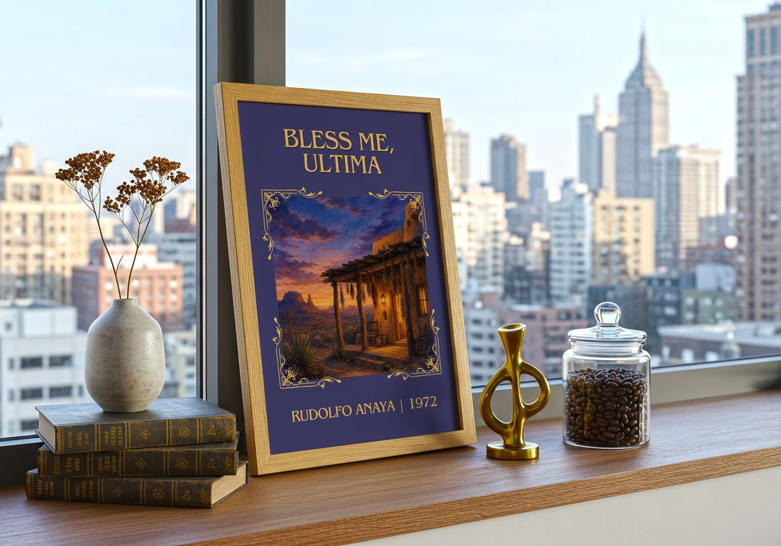Bless Me, Ultima Classic Book Art Print by Rudolfo Anaya – framed print on a city-view windowsill