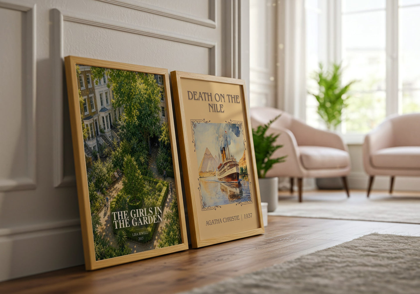 The Girls In The Garden watercolour print framed by window – literary home decor