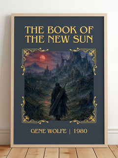 The Book of the New Sun Classic Book Art Print by Gene Wolfe – framed print leaning on a wooden floor